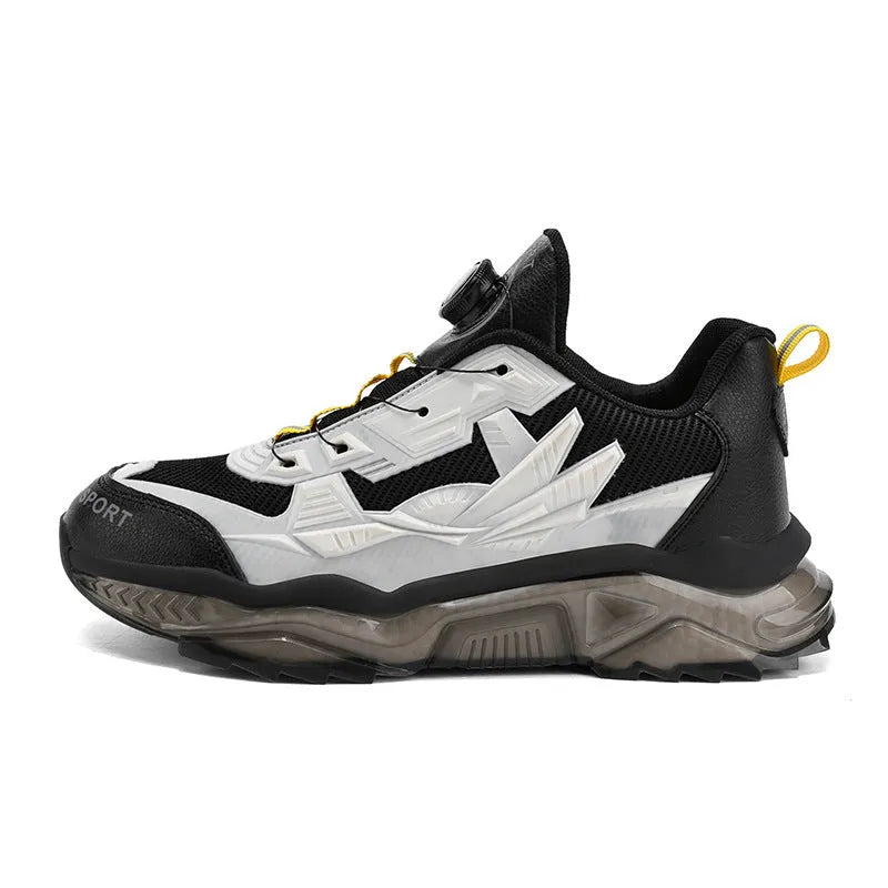 Men's black rotating button casual shoes with mesh upper and platform sole