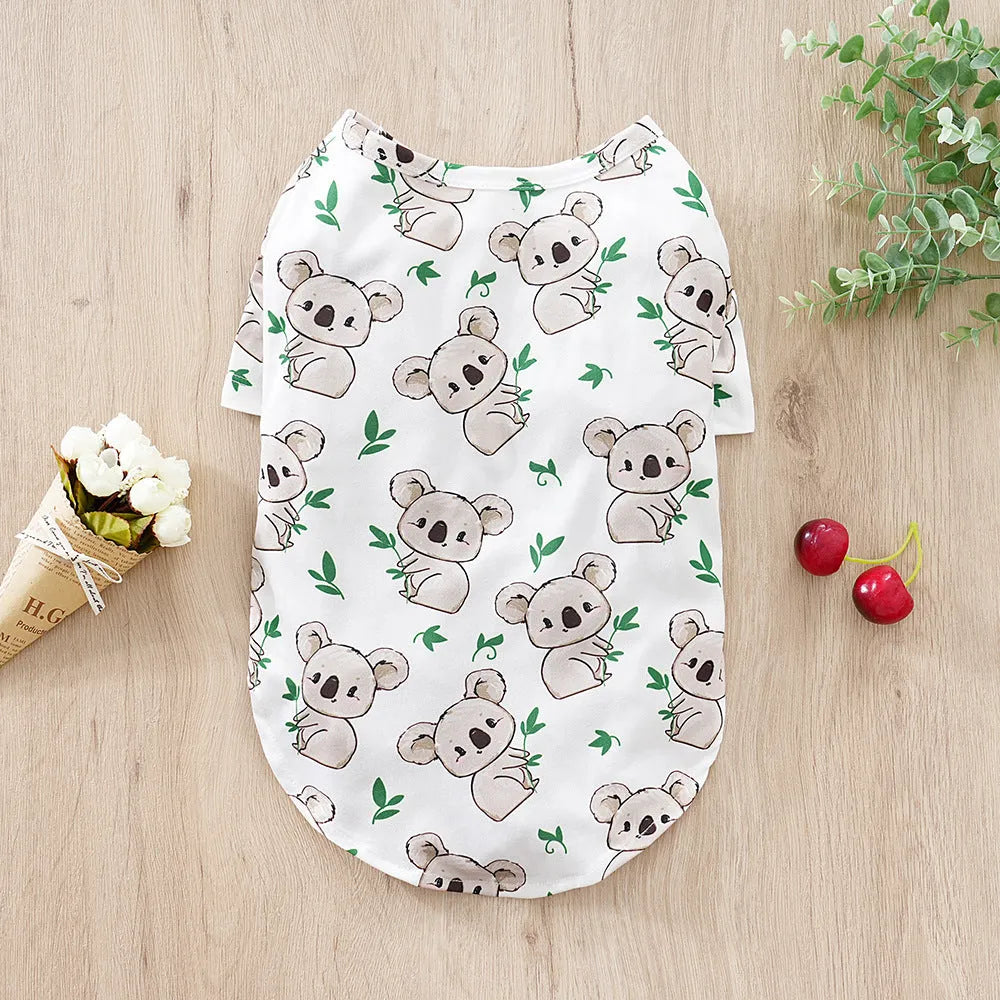 Casual printed dog t-shirt in multiple colours, shown with a sizing chart for small dogs.