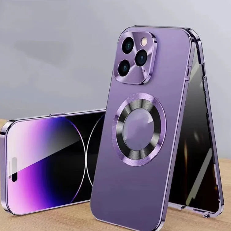 Magnetic iPhone case with anti-peep metal clip in black, blue, gold, purple, and silver colour options.