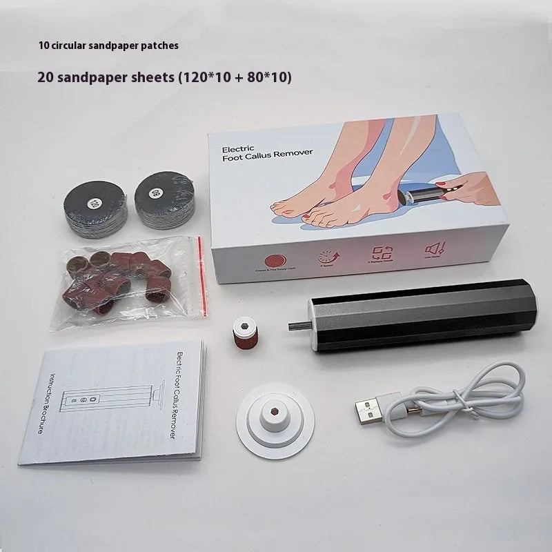 USB rechargeable electric callus remover and nail trimmer set with sandpaper discs on a pink background