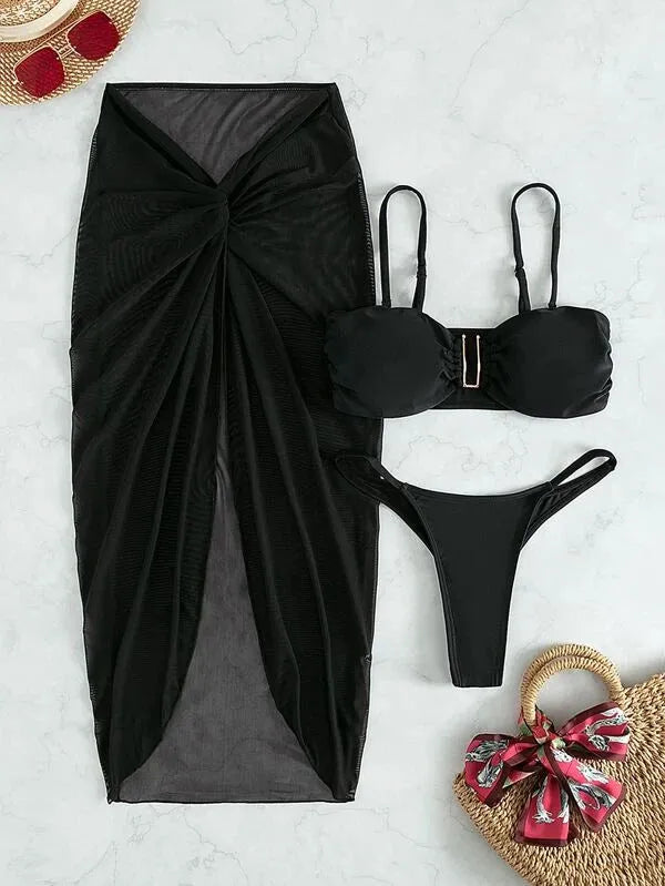 Multicolour French style bikini three-piece set with long culottes in eight colour options