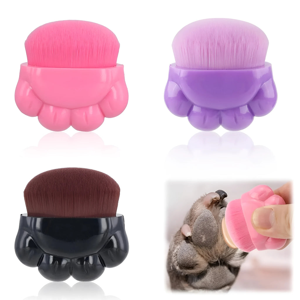 Three pet paw-shaped balm brushes with soft fibre heads in storage boxes