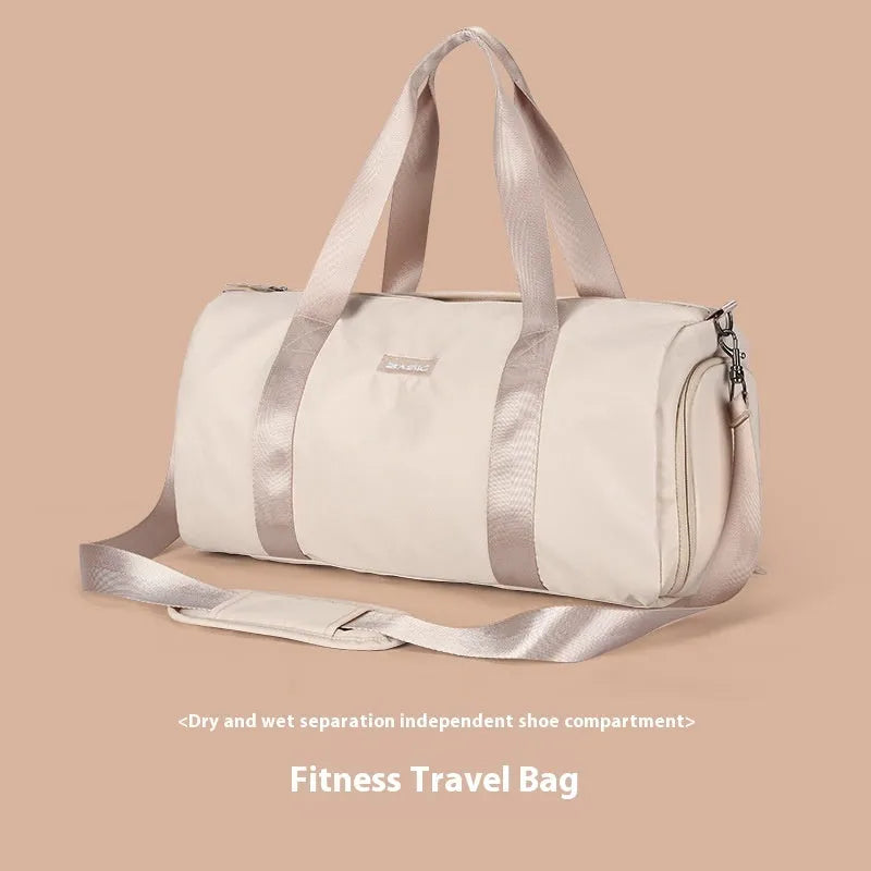 Beige nylon sports bag with contrast colour details and letters pattern