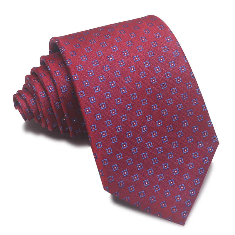 A man's striped formal tie in an arrow style, showing the jacquard texture and width of 7-8 cm.