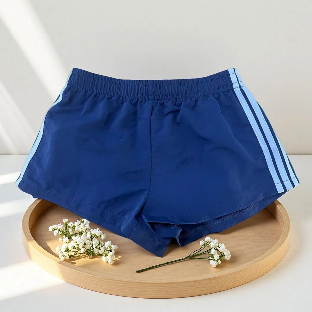 Navy blue men's high waist casual sports shorts made from micro-elastic nylon fabric
