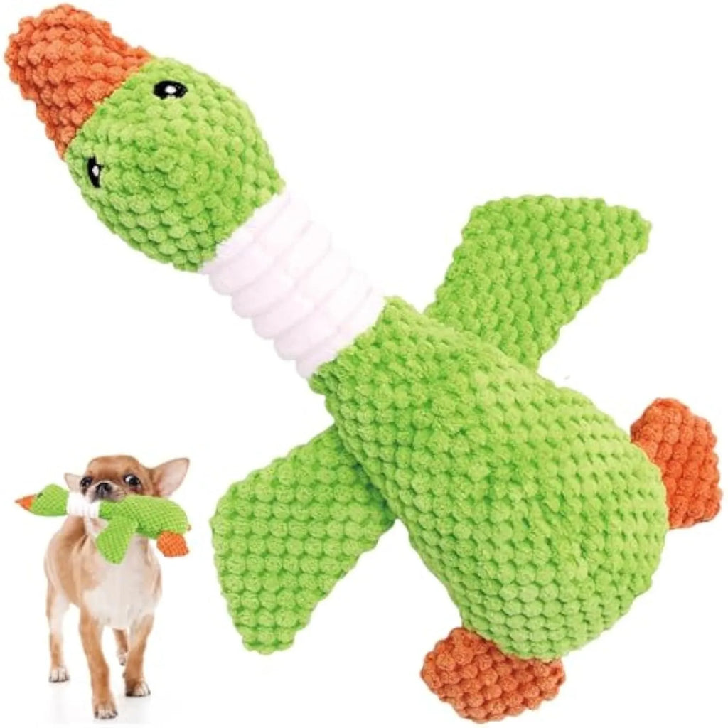 Blue plush duck dog toy with squeakers for chewing and fetch play.