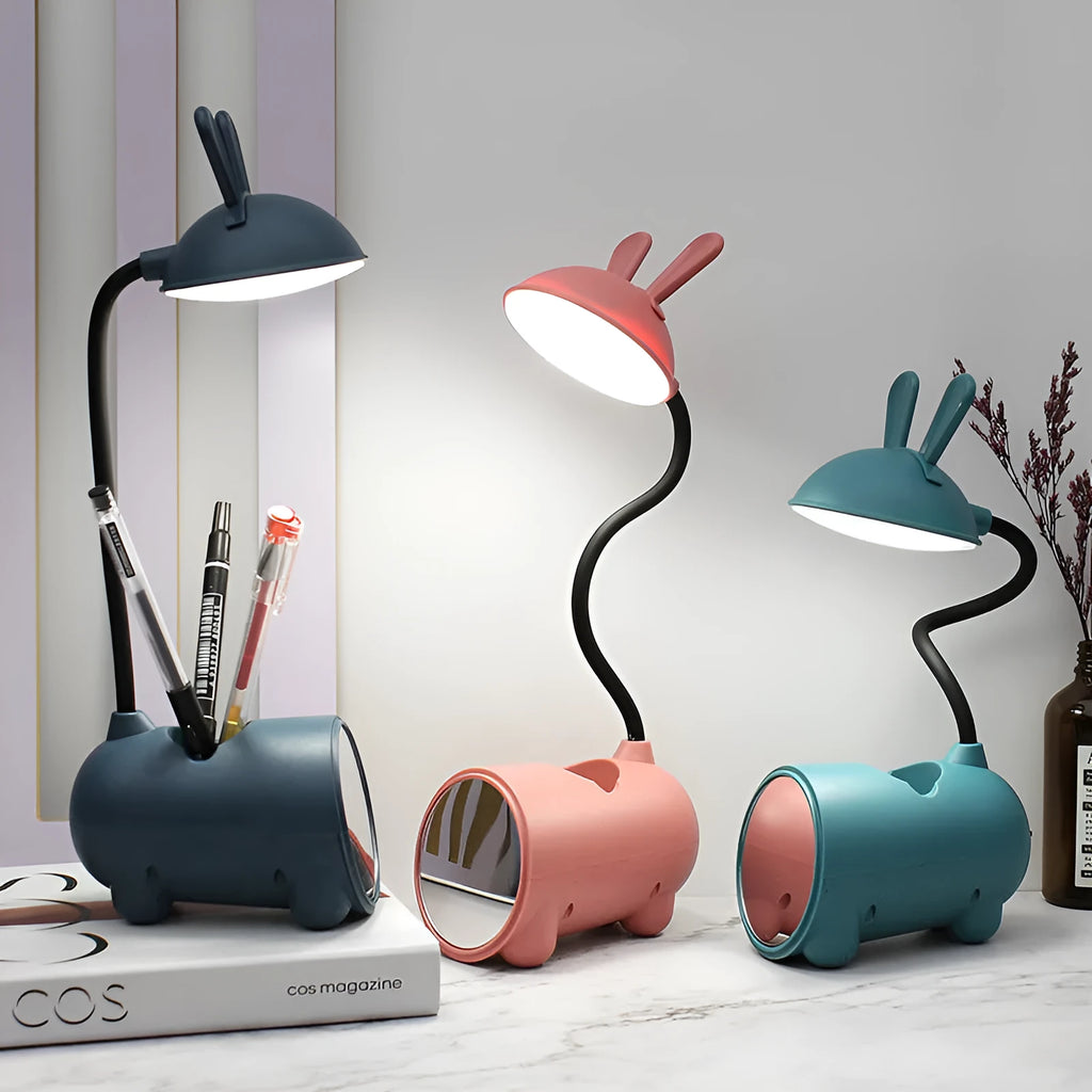 Cartoon desktop lamp with pen container in green, dark blue, or pink colours
