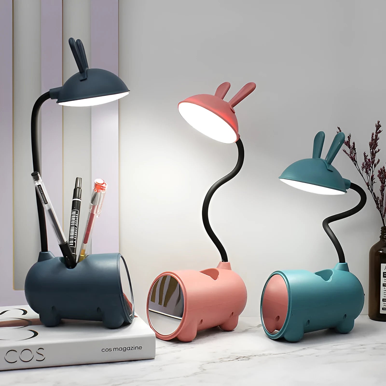 Cartoon desktop lamp with pen container in green, dark blue, or pink colours