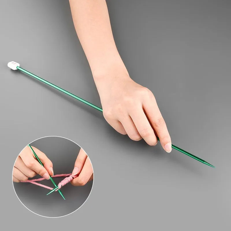Lengthened crochet hook set showing multiple sizes from 2.0mm to 10.0mm, each with a protective cap.