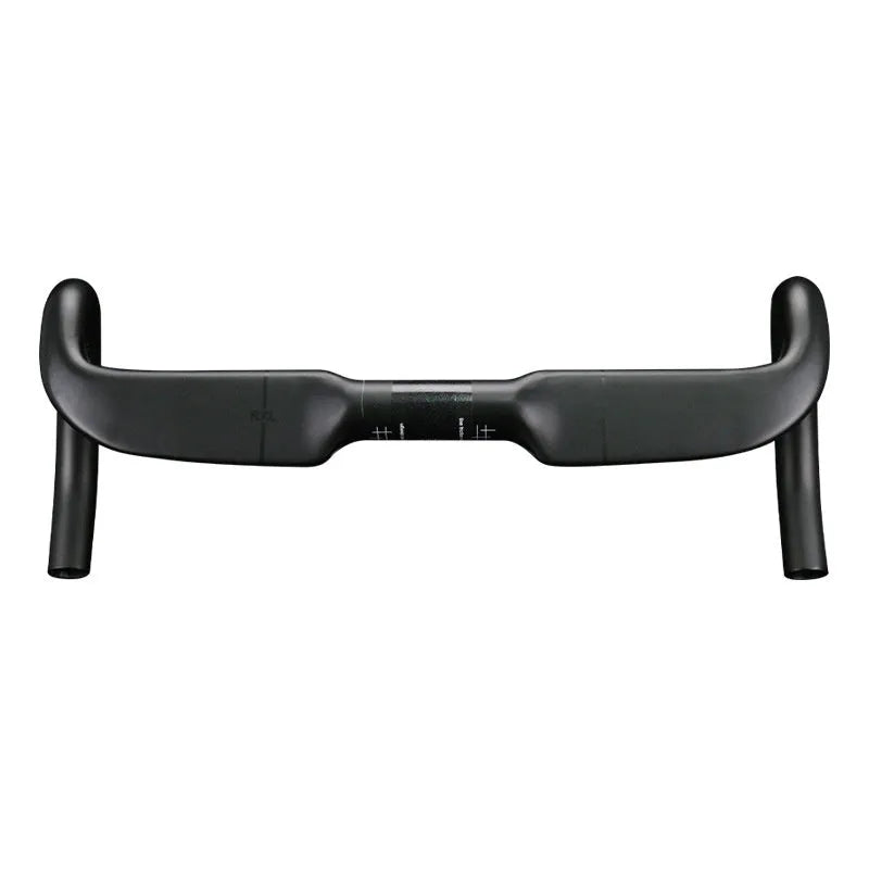 Carbon fibre road bicycle handlebar shown in black double line and red double line finishes
