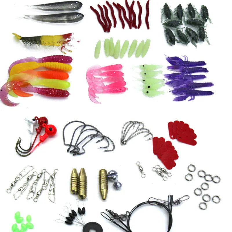 132-piece fishing lure suit set with rose red lures and hooks in storage case