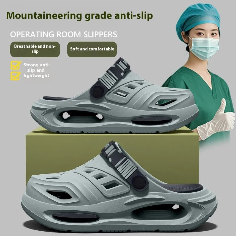 Men's summer outdoor EVA hole slippers in black with non-slip injection-moulded sole and closed toe cap