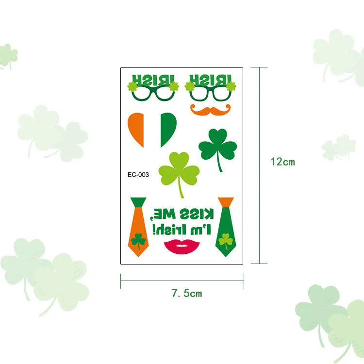 Green clover and Irish flag temporary tattoo sticker on paper backing, showing water transfer design.