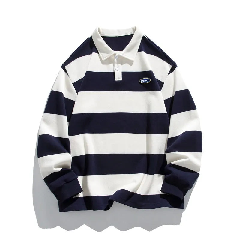 Matching set of two striped Hong Kong style polo shirts with lapel collars in pearl cotton fabric.