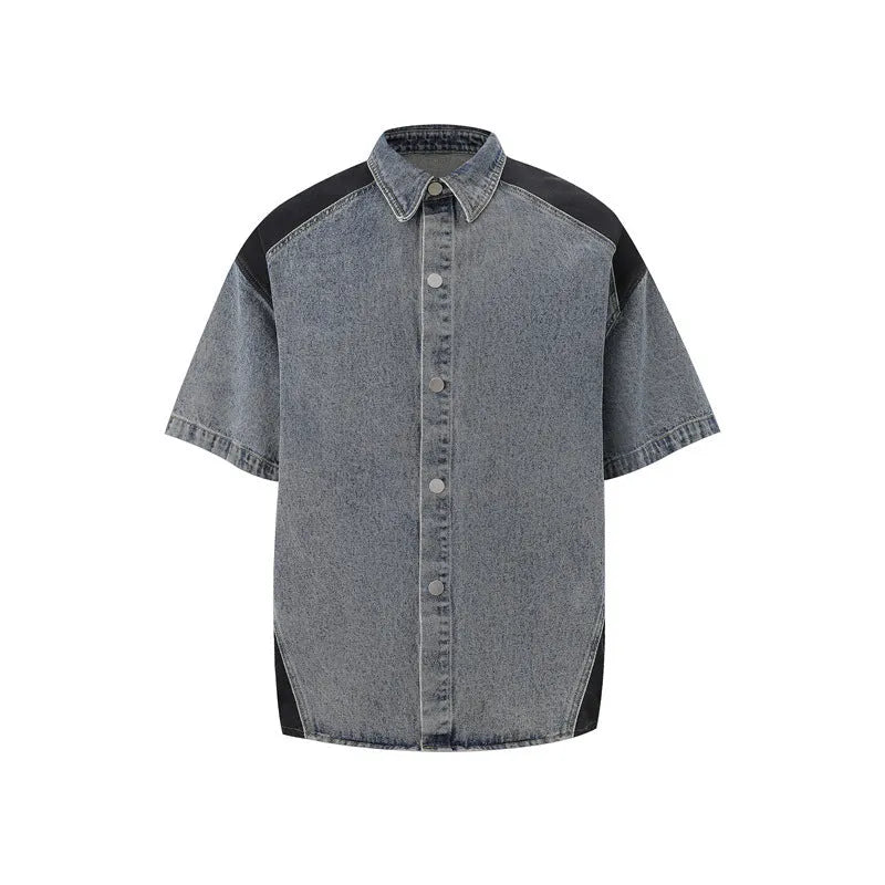 Retro washed denim short-sleeve jacket and matching trousers set on a hanger.