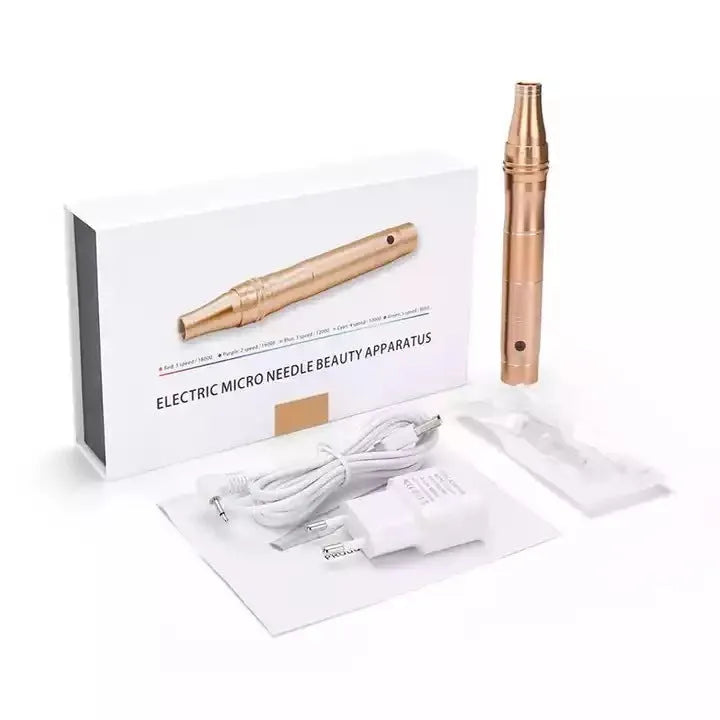Rose Screw Electric Microneedle Beauty Repair IPL Device in rose gold finish with USB cable and multiple plugs