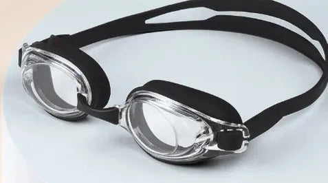 Black myopia swimming goggles with a protective case on a blue background.