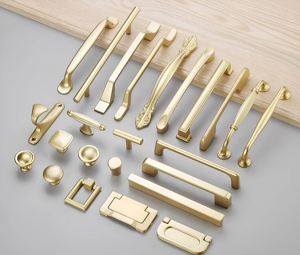Modern gold T-shape aluminium alloy cabinet handle with three hole distance options.
