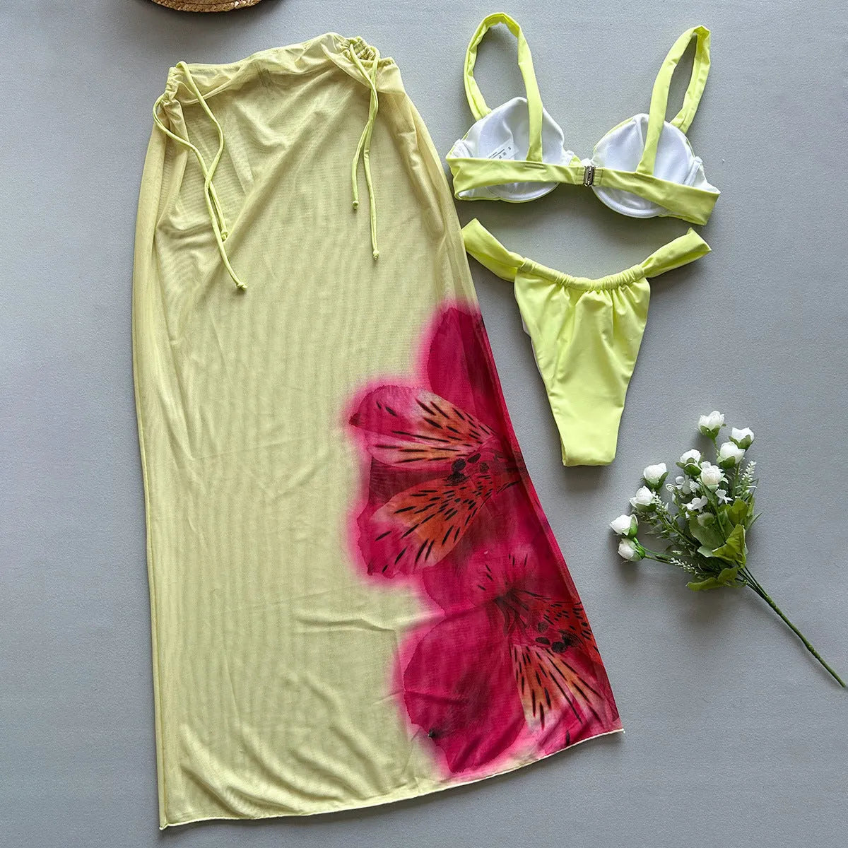 Three-piece bikini set in C3854 yellow print, nylon fabric with spandex lining, sizes S M L