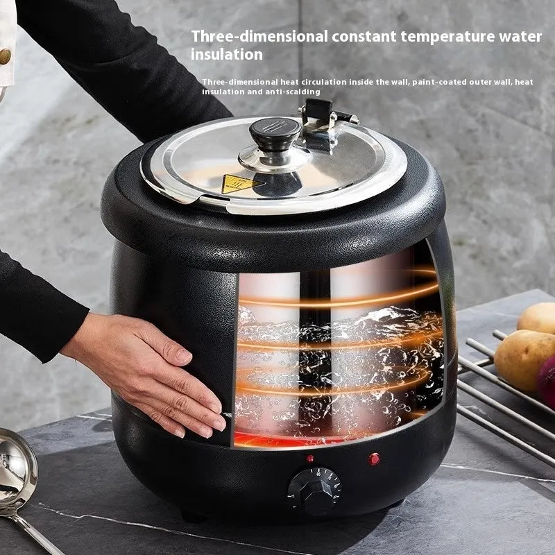 Black 10-litre stainless steel insulation pot with a large mouth and steel cover, shown with an adapter plug.