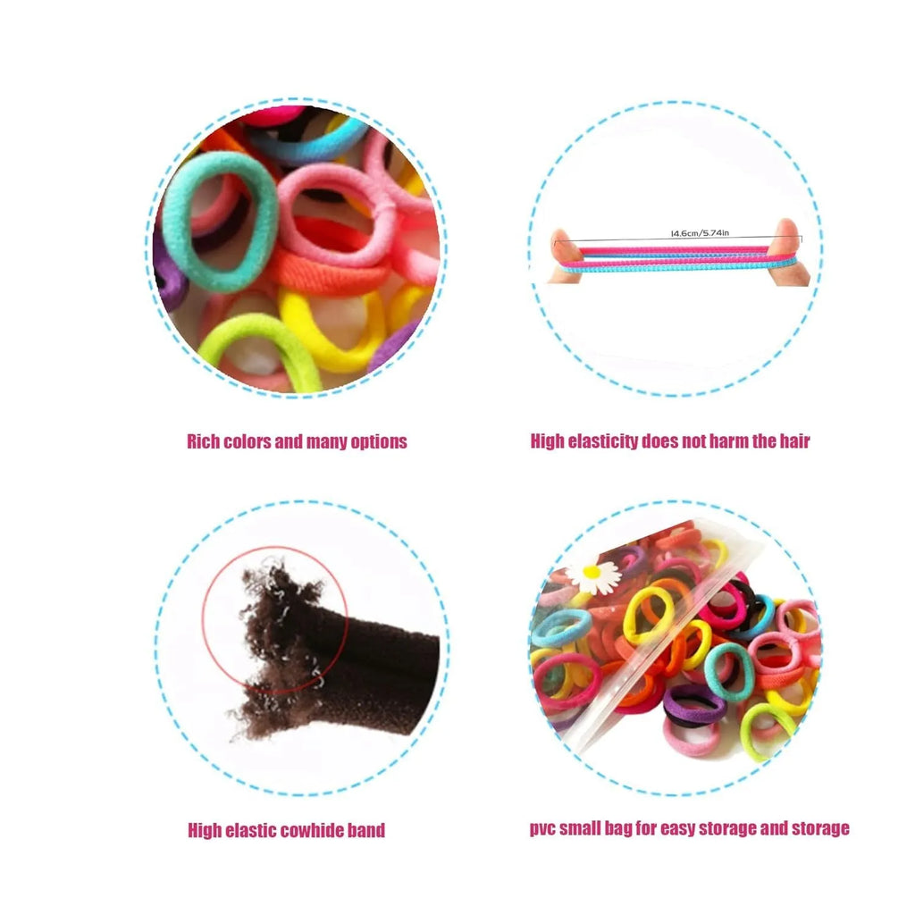 Jar of 100 multicoloured seamless cotton baby hair ties for toddlers and girls.