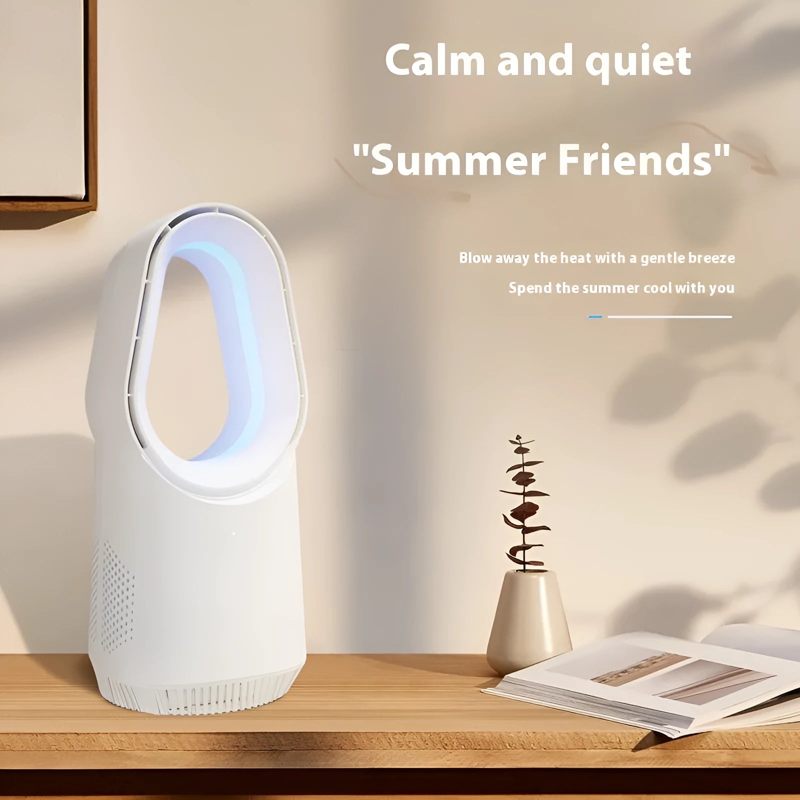 SK bladeless tower fan in white with remote control for home office cooling