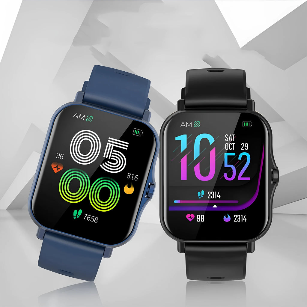 W10 Bluetooth smart watch with heart rate monitor on a wrist, showing its curved touch screen.