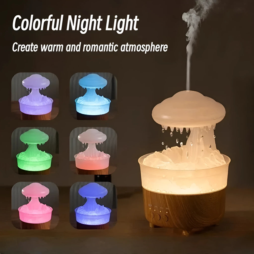Wood grain rain cloud shaped humidifier and essential oil diffuser with night light on a table.