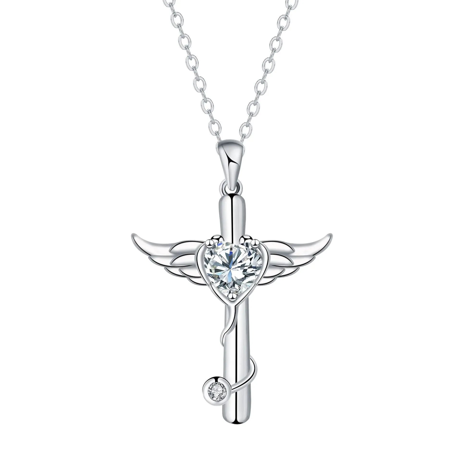 Close-up of a women's necklace with a cross, stethoscope, and wings pendant in electroplated copper.