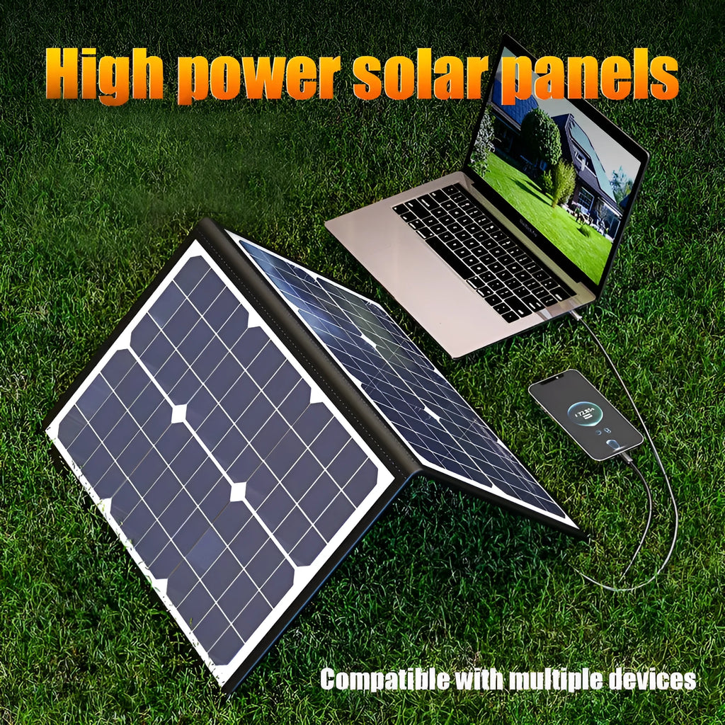 Black folding 40-watt monocrystalline solar panel bag shown both open and closed to 8cm thickness.