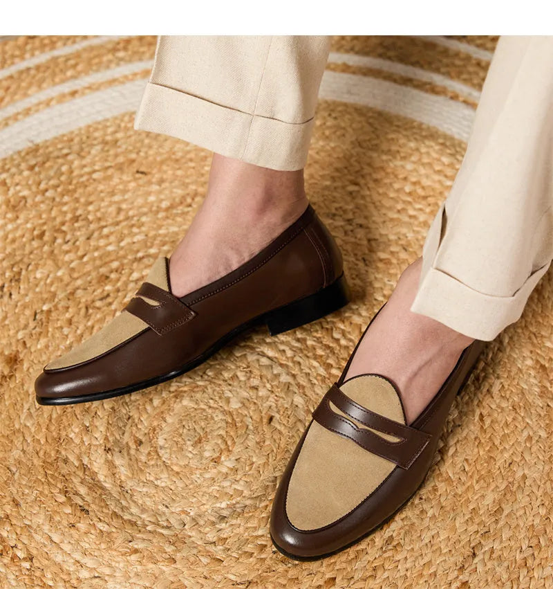 Coffee grey suede leather Belgian loafers with one-foot kick design and rubber sole