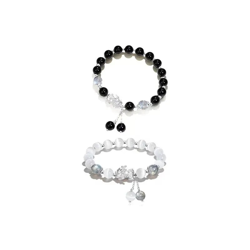 Natural black agate crystal couple bracelet with 10mm wave beads and grey opal accents
