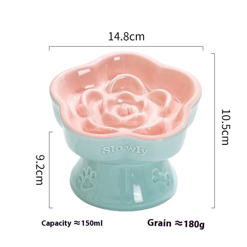 White ceramic pet bowl with a high foot neck and slanted rim for cat or dog feeding