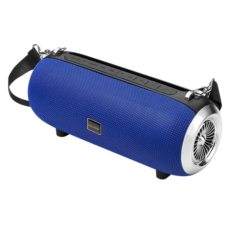 F666 square portable Bluetooth speaker with shoulder strap, phone stand, and retractable FM antenna.