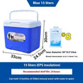 Blue portable insulated cooler box with lid, showing aluminium foil interior.
