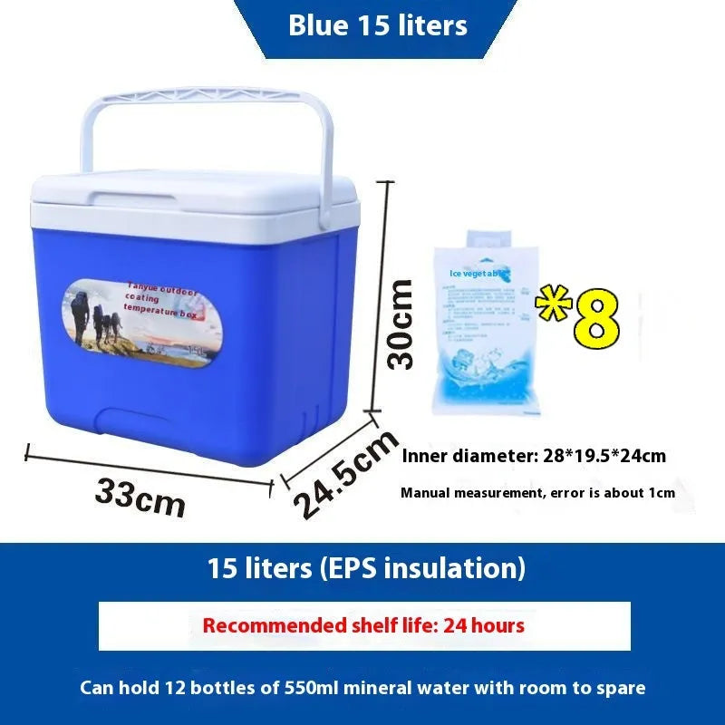 Blue portable insulated cooler box with lid, showing aluminium foil interior.