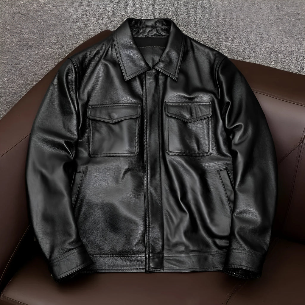 A man's black plus size PU leather jacket with a lapel and side pockets, shown on a hanger.