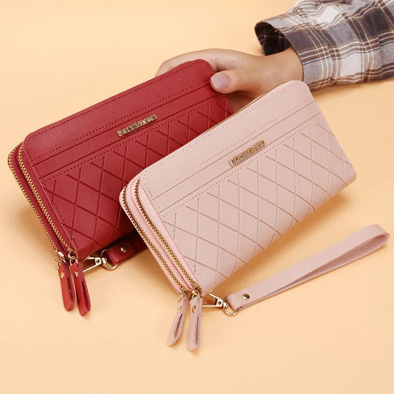 Women's long double zipper wallet in PU leather with multiple card slots – 19cm length, 10.5cm width