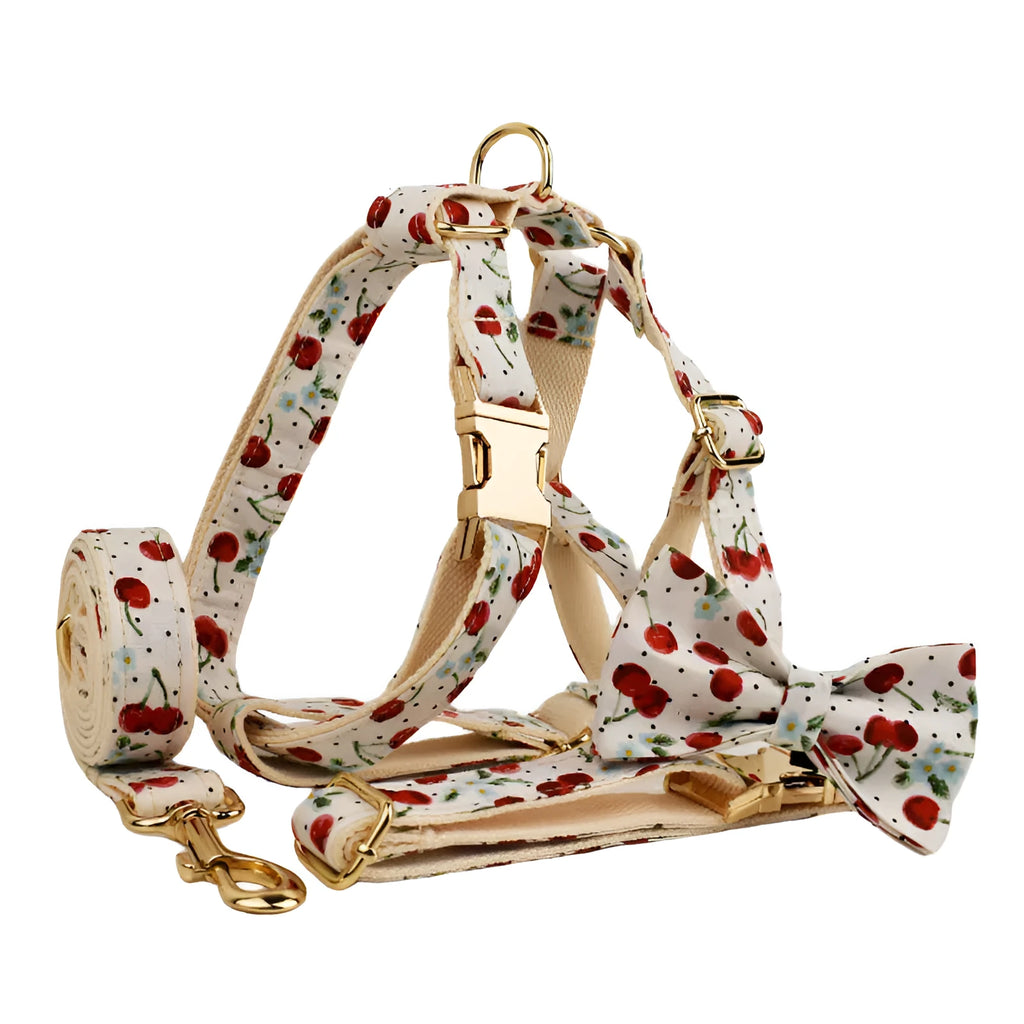 Red cherry print dog collar and leash set with light gold buckle, matching bow, vest, and poop bag.