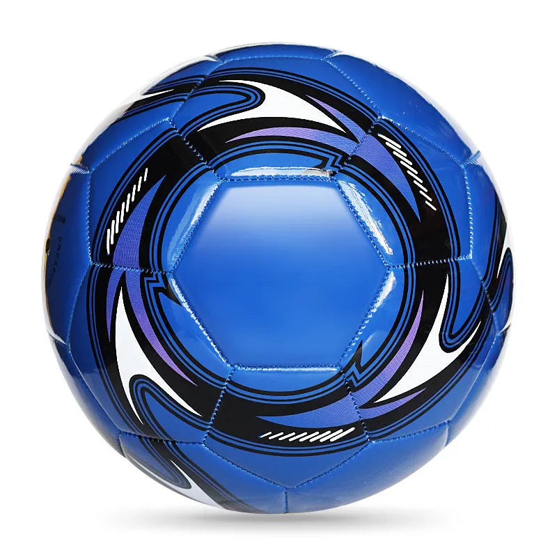 PVC machine-seam football in multiple sizes and colours including Tornado Blue, Black And White, and Red Dragon Roll designs.