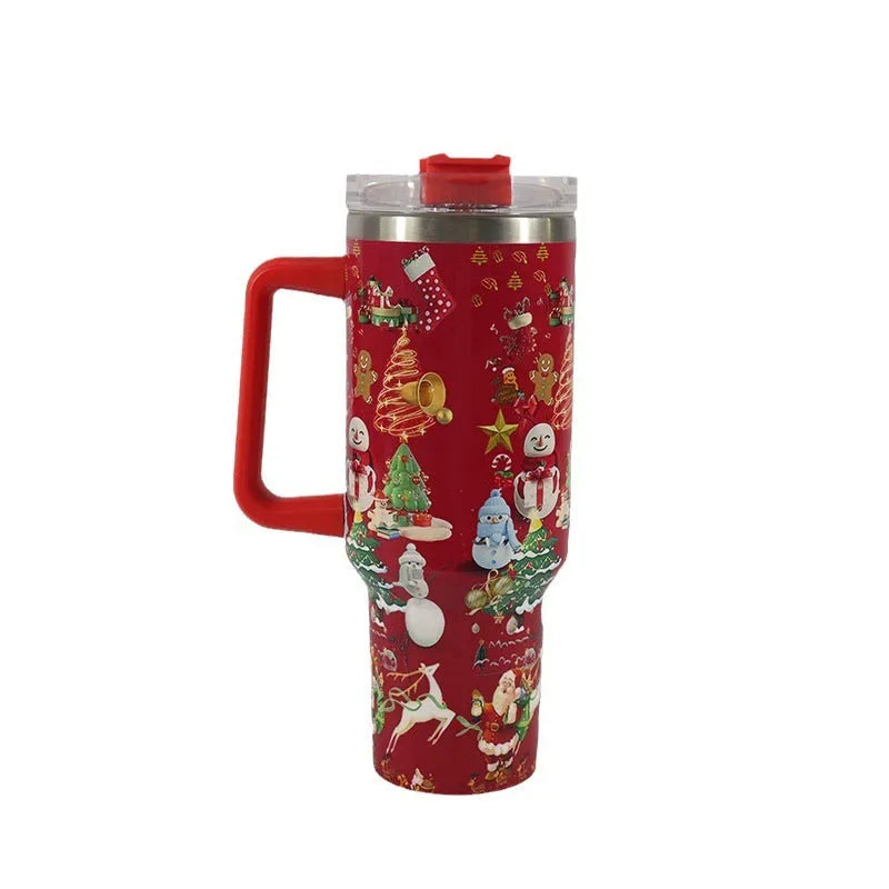 Christmas pattern stainless steel travel mug with handle, straw, and lid, showing 1200ml capacity.