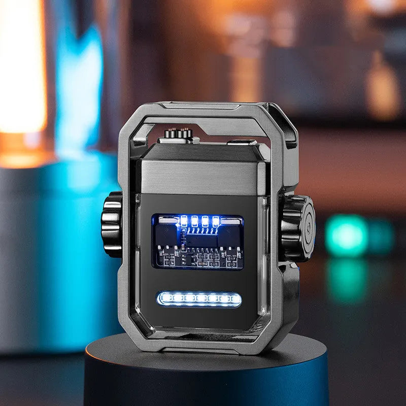 Zinc alloy windproof double arc electric lighter with folding body and rotary gyroscope in five colours blue orange black nickel
