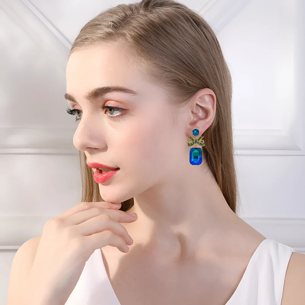 Crystal bow heart earrings for women in zinc alloy, retro style, shown in red, blue, white, and pink
