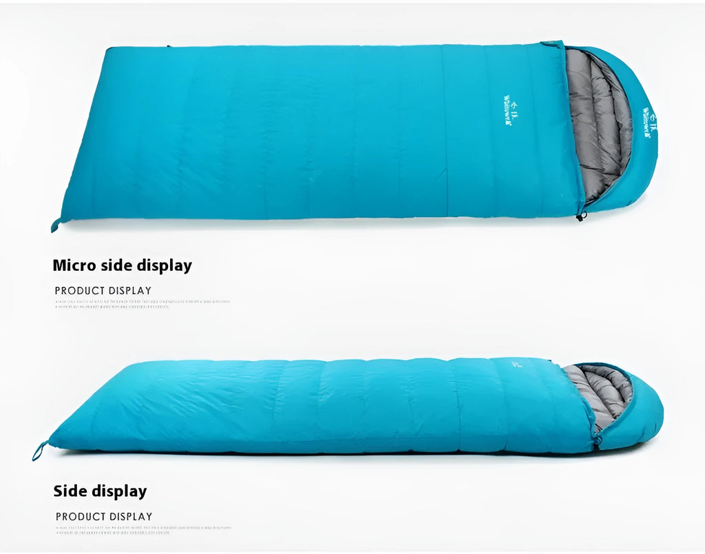 Black outdoor sleeping bag with white goose down fill and durable nylon shell.