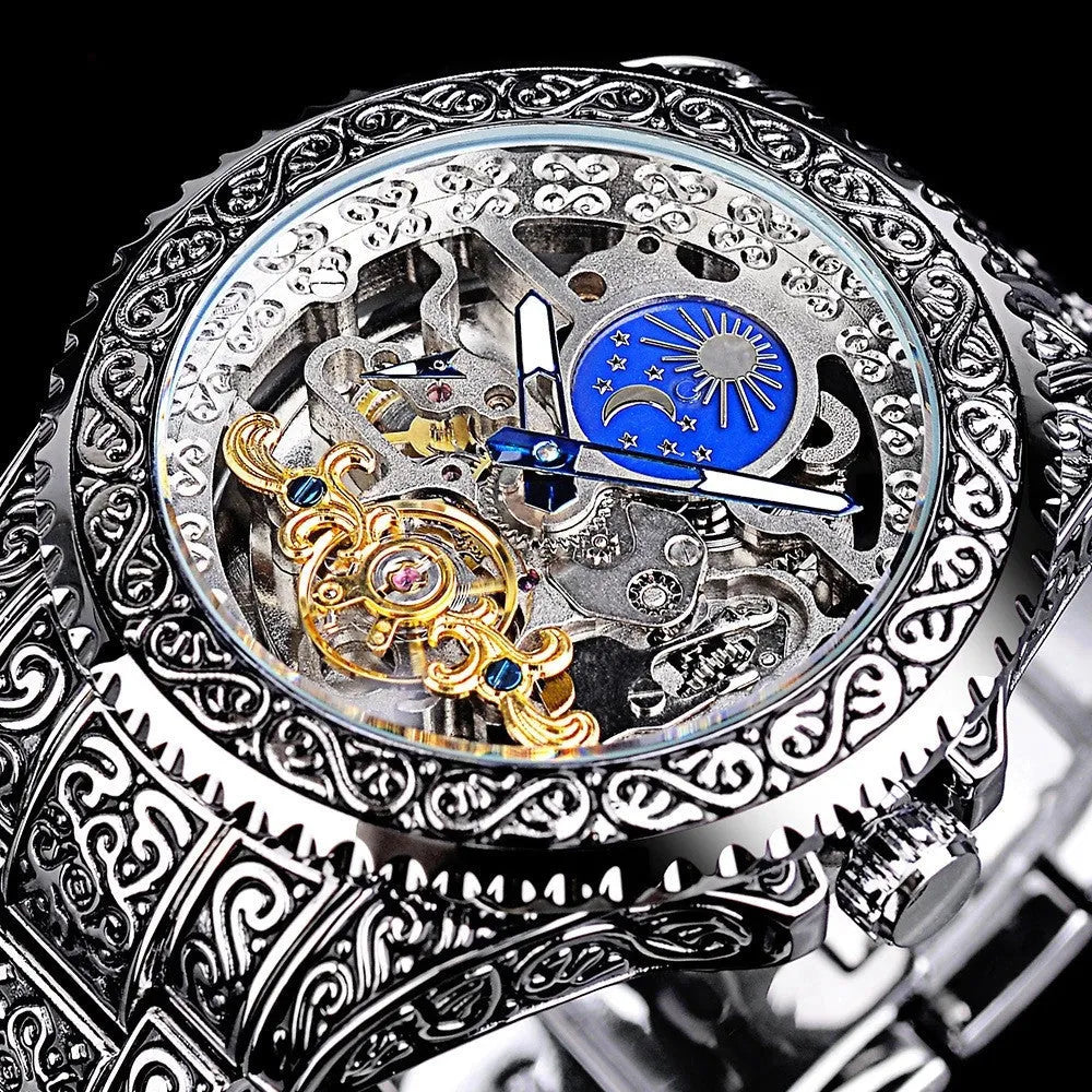 Men's automatic mechanical watch with hollow retro carved dial, moon phase display, stainless steel strap, 44mm gold finish