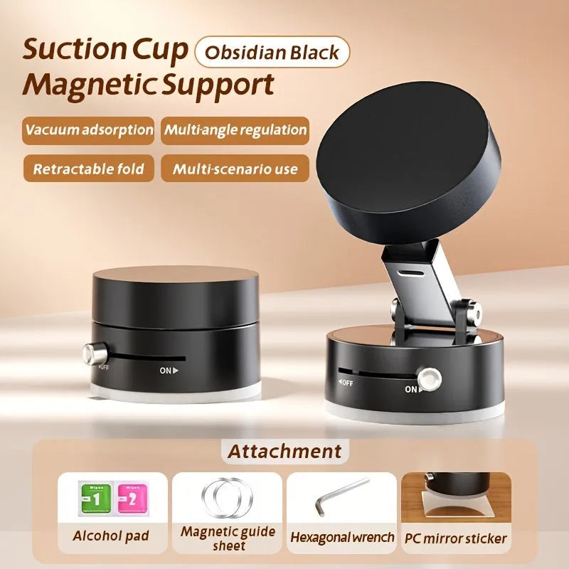 Black magnetic car phone holder with suction cup mount and 360-degree rotating head