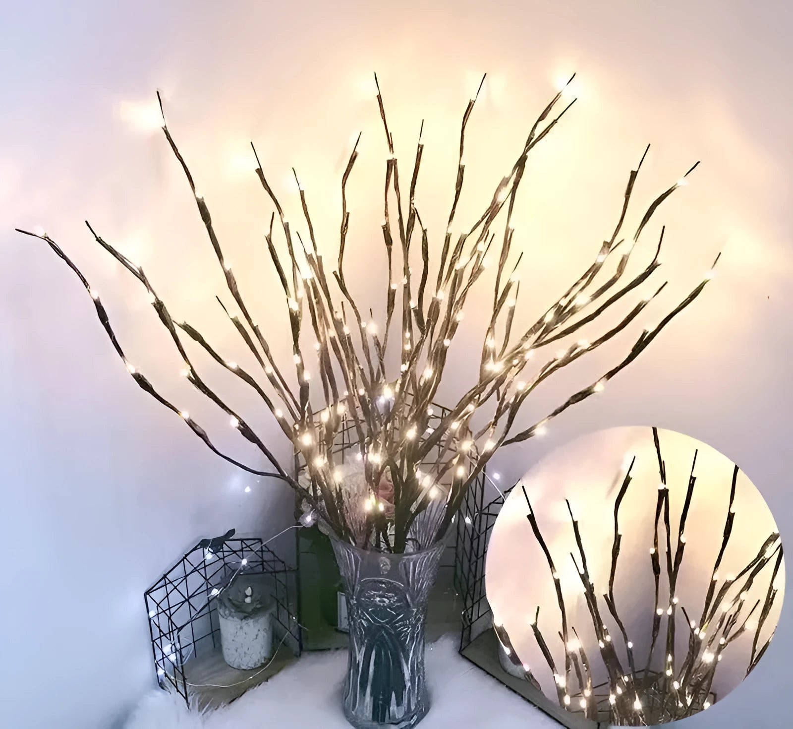Silver branch LED decorative tree lamp with colour-changing lights in a vase base.