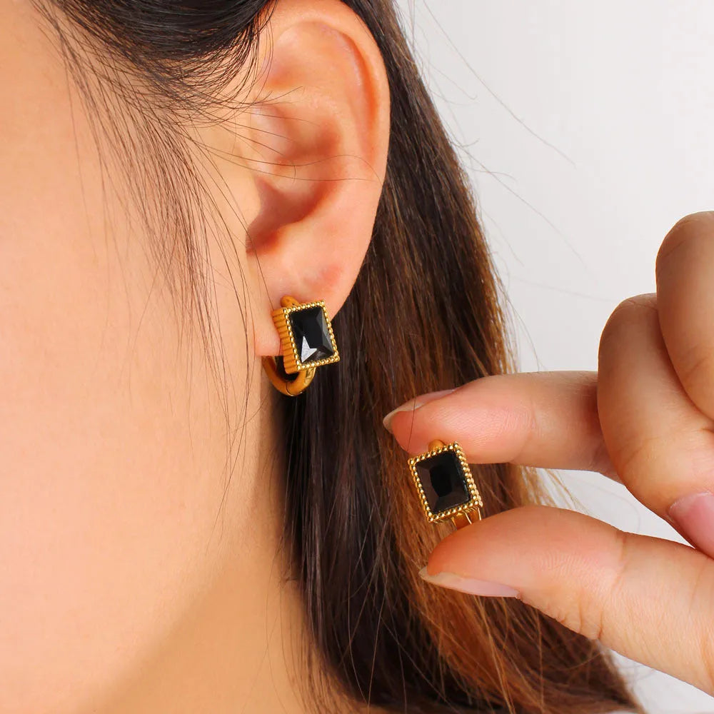 Square zircon geometric stainless steel earrings in white, black, and green colours.