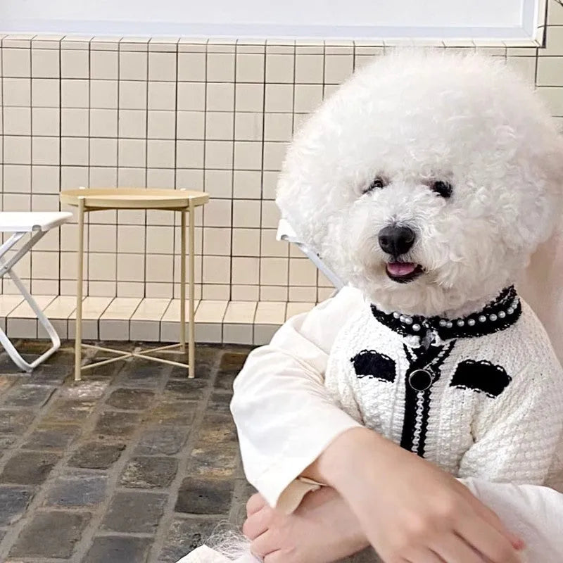 Korean style puppy clothes pearl collar sweater for small dogs in black or white with princess design