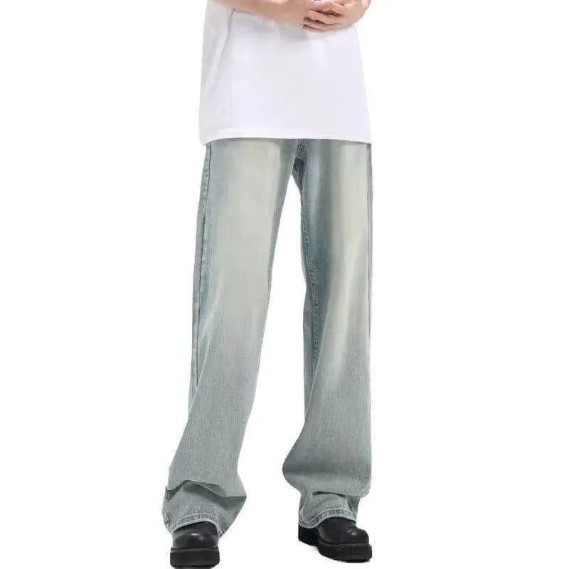 Blue loose-fit retro trousers made from rabbit fur fabric on a hanger.